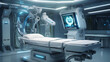 A futuristic-looking robotic surgical system in an operating room, used for minimally invasive surgeries. 