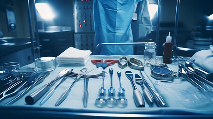 An array of medical instruments neatly arranged on a sterile tray in a hospital operating room.   