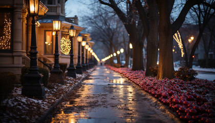 Canvas Print - Illuminated street light shines on winter cityscape generated by AI