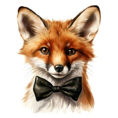 Wall Mural - cute fox wearing a bow tie on a white background