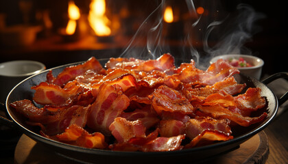 Canvas Print - Grilled pork steak on a hot barbecue flame generated by AI