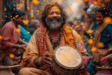 Wall Mural - Holi celebrations taking place in a rural setting, with locals engaging in spirited song and dance, accompanied by traditional musical instruments. Concept of rural Holi traditions. Generative Ai.