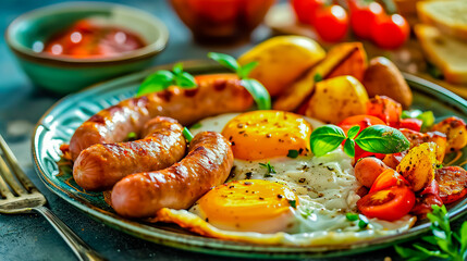 Breakfast with sausages, eggs and potatoes with vegetable salsa and Golan sauce. Healthy and tasty breakfast on a plate.