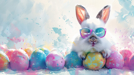 happy easter card, funny little rabbit wearing glasses among colorful easter eggs isolated on white 