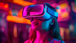 Virtual reality 3d augmented experience exited digital generate person wear vr glasses goggle headset hand gesture touch 3d object in virtual world fun cheerful and remarkable