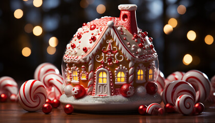 Canvas Print - Gingerbread house decorated with candy, icing, and lights generated by AI