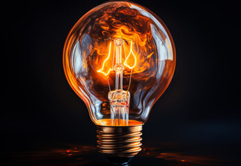 Burning light bulb is lying on black background