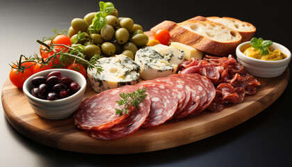 Wall Mural - Freshness and variety on a wooden table meat, bread, and fruit generated by AI
