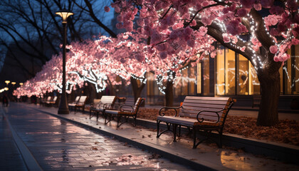 Canvas Print - Cherry blossoms illuminate city streets in winter generated by AI