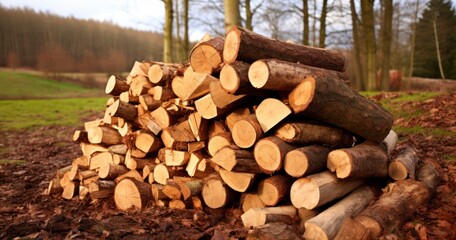 Preparation of firewood for the winter. Close up of blocks of firewood with log nearby and forest in background