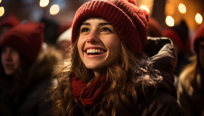 Wall Mural - Smiling women in winter, happiness and warmth generated by AI