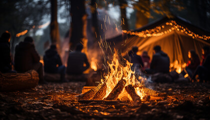 Sticker - Group of people sitting around a glowing campfire generated by AI