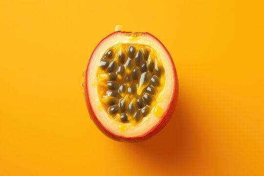 vibrant top down of a ripe passion fruit cut in half on a bright yellow background, showcasing the s