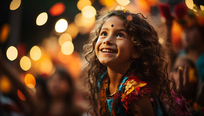 Wall Mural - Smiling girl enjoys cheerful Christmas party outdoors generated by AI