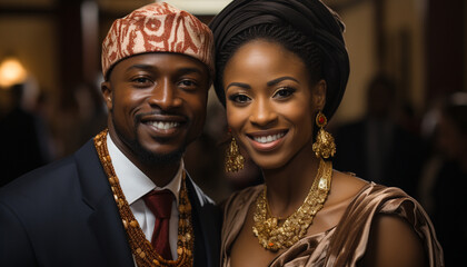 Poster - Smiling African couple in traditional wedding attire generated by AI