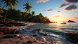 Sunset over the tropical coastline, waves crash gently generated by AI