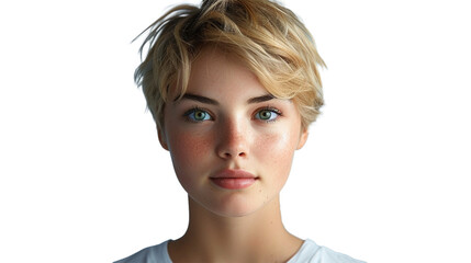 Wall Mural - A young female with short blonde hair and green eyes wearing a white t-shirt and a jeans on transparent background. 