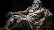 Antique marble statue of zeus sitting on a chair in a dark room. 