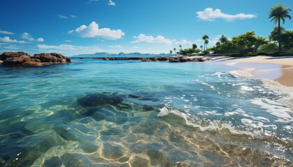 Canvas Print - Tropical coastline, turquoise waters, sunset over tranquil waves generated by AI