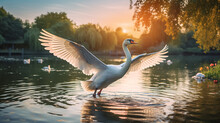 White Swan On The Lake At Sunset. The Mute Swan, Cygnus Olor