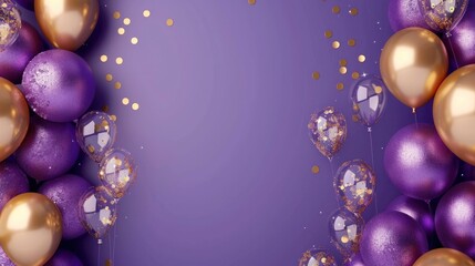 Wall Mural - Beautiful festive minimalistic violet background with gold and clear balloons on the sides