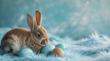 A Heartwarming Image Showcasing A Pair Of Easter Bunny Rabbits Nuzzling Beside A Cluster Of Blue Painted Eggs On A Serene Light Blue Surface