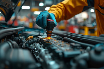 Canvas Print - A skilled mechanic repairing a car engine in an auto repair shop, ensuring optimal vehicle performance. Concept of automotive maintenance and repair. Generative Ai.