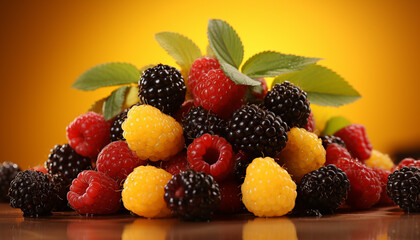 Poster - Fresh, ripe berries on wooden table healthy, colorful summer snack generated by AI