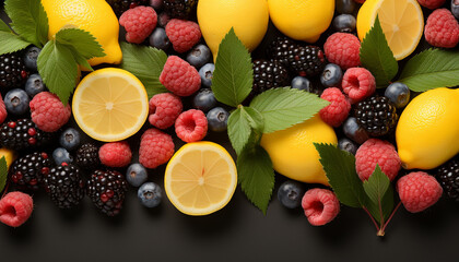 Poster - Freshness of nature culinary collection raspberry, blueberry, lemon, mint leaf generated by AI