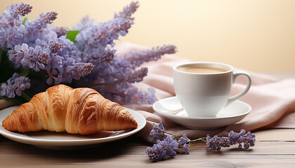 Wall Mural - Fresh croissant and coffee on wooden table, a sweet indulgence generated by AI
