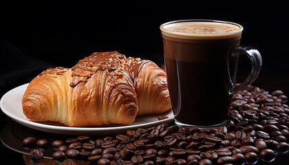 Wall Mural - Freshly baked croissant on wooden table with hot black coffee generated by AI