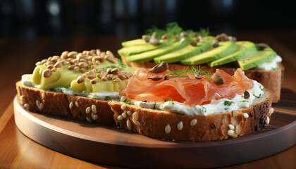 Wall Mural - Freshness on plate gourmet sandwich, healthy avocado, homemade salad generated by AI