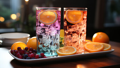 Wall Mural - Freshness in a glass lemonade, lime, orange, and strawberry generated by AI