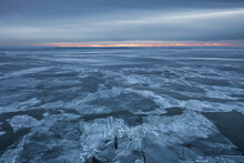 Frozen Bay Of Puck Near Kuznica At Sunset, Hel Peninsula. Poland