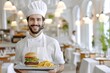 Handsome man waiter holding tray with tasty burger and french fries