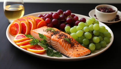 Wall Mural - Grilled salmon fillet with fresh vegetables, lemon, and white wine generated by AI
