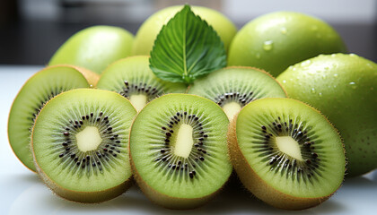 Wall Mural - Fresh, ripe kiwi slice on a green leaf, nature healthy snack generated by AI