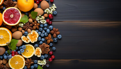 Wall Mural - Fresh fruit on wooden table, nature healthy dessert decoration generated by AI