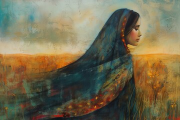 A serene depiction of a woman with a shawl, her presence evoking the gentle strength and nurturing spirit of a biblical figure, amidst a setting that whispers of ancient tales and spiritual journeys.