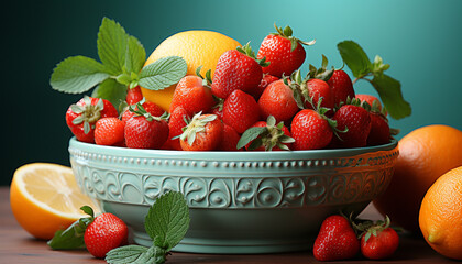 Wall Mural - Freshness of summer healthy, organic, ripe fruit bowl on wooden table generated by AI