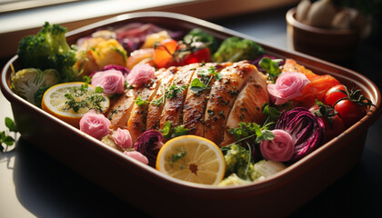Wall Mural - Grilled chicken breast with fresh vegetables, a healthy and delicious meal generated by AI