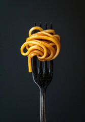 Minimal food concept, pasta, long spaghetti rolled on a fork on a black background, pasta fine dining.