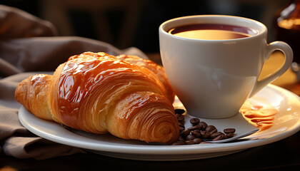 Poster - Fresh croissant and coffee on rustic wooden table, perfect breakfast generated by AI