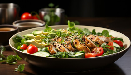 Wall Mural - Grilled chicken fillet on a fresh salad plate, ready to eat generated by AI