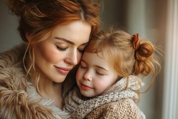 a beaming mother tenderly plants a loving kiss on her giggling toddler's rosy cheeks, their matching