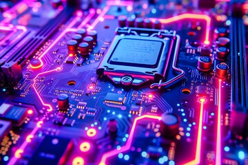 Wall Mural - High-Tech Computer Motherboard, Digital Electronics and Microchip Engineering, Close-Up