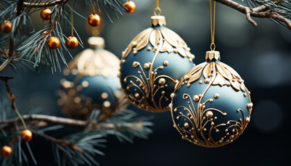 Wall Mural - Shiny gold ornament hanging on Christmas tree, glowing in darkness generated by AI
