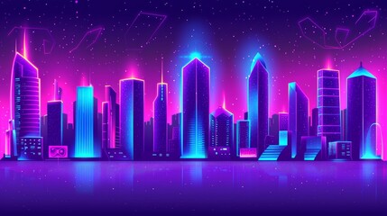 Wall Mural - Vibrant neon cityscape with futuristic skyscrapers and dynamic light trails in a thriving metropolis