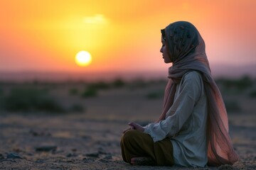 Poster - A young woman in a desert landscape, praying as the sun sets, embodying resilience and hope in a stark environment.