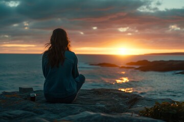 Wall Mural - A young woman sitting on a rock by the ocean, praying as the sun sets behind her, creating a picturesque harmony of human and nature.